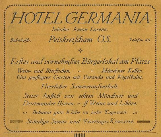 Reklama hotelu Germania z publikacji „Historia miast Pyskowice i Toszek” z 1927 roku