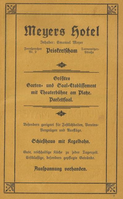 Reklama hotelu Meyer z publikacji „Historia miast Pyskowice i Toszek” z 1927 roku