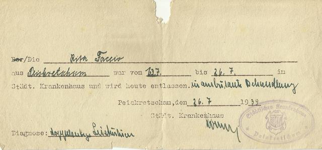 Die Rechnung für den Krankenhausaufenthalt aus dem Jahr 1939